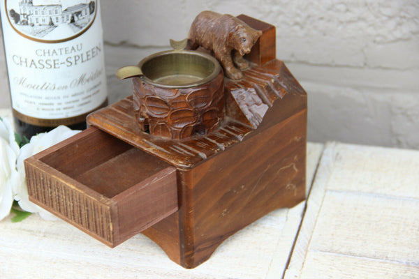 Antique hand Black forest wood carved swiss bear statue  music box ashtray