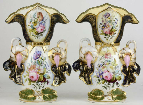 PAIR 19thC antique Bayeux Paris porcelain floral hand paint decor French Vases