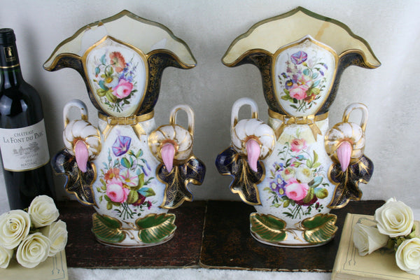 PAIR 19thC antique Bayeux Paris porcelain floral hand paint decor French Vases