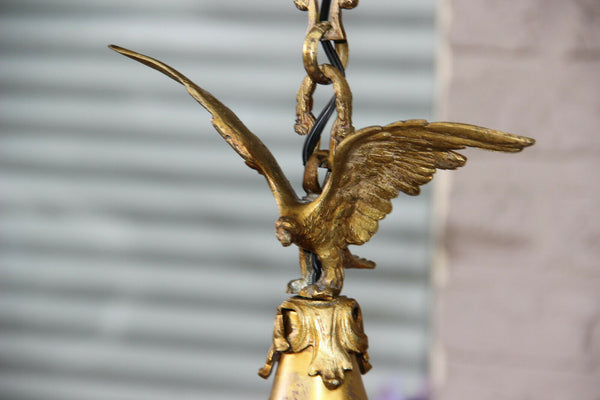 Antique French Bronze eagle putti angel portrait lantern chandelier lamp 1900