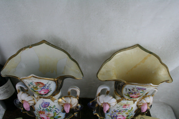 PAIR 19thC antique Bayeux Paris porcelain floral hand paint decor French Vases