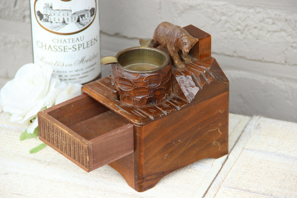 Antique hand Black forest wood carved swiss bear statue  music box ashtray