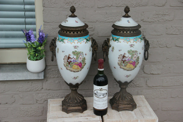 PAIR French antique porcelain bronze ram heads victorian romantic Vases