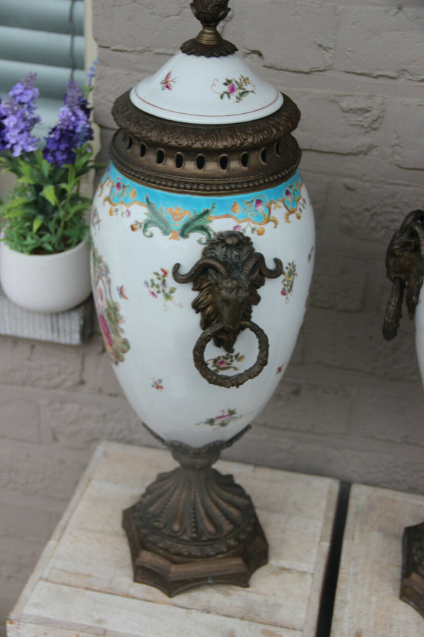 PAIR French antique porcelain bronze ram heads victorian romantic Vases