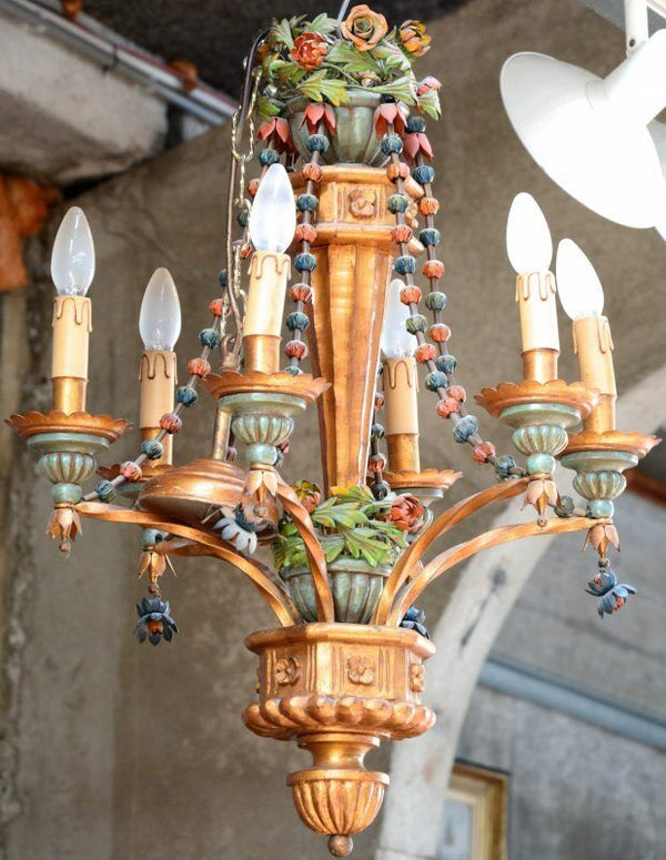 Unusual 1960 stunning Italian Wood / metal polychrome flowers chandelier