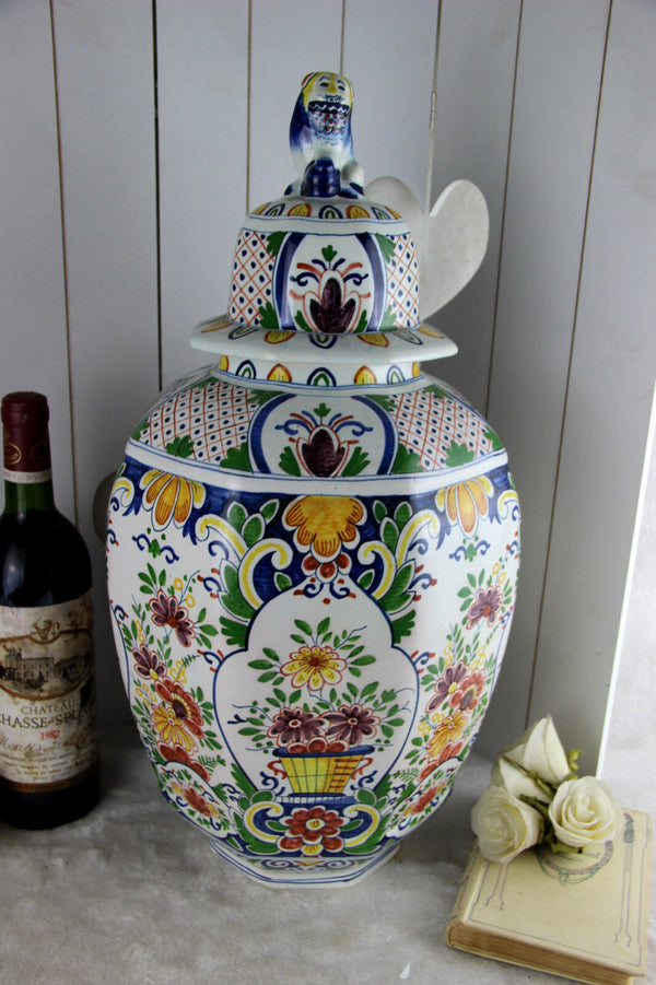 Huge BOCH Delft decor polychrome ceramic Floral paint VASE foo dog lidded mark