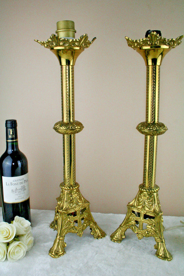 PAIR religious Brass French candle holders mounted as lamps 1935