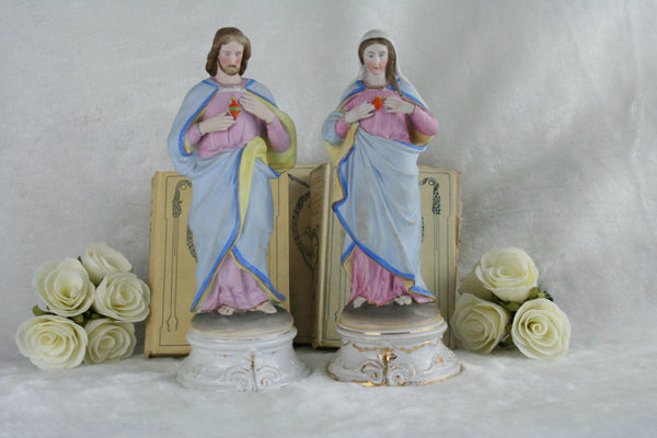 PAIR 1900  VIEUX ANDENNE porcelain biscuit Couple Pastel colours Mary Jesus Holy