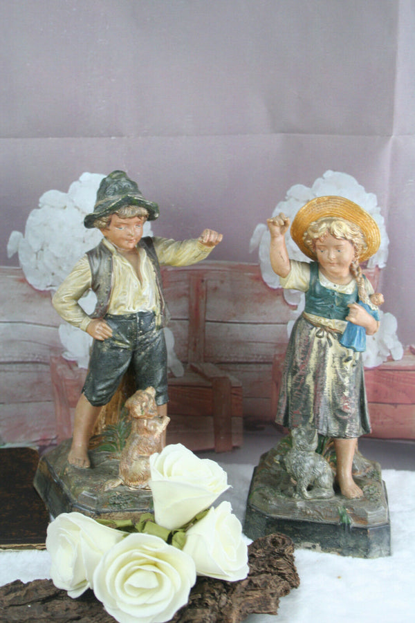 PAIR german terra cotta vases figurines cat & dog boy lady 1950 marked