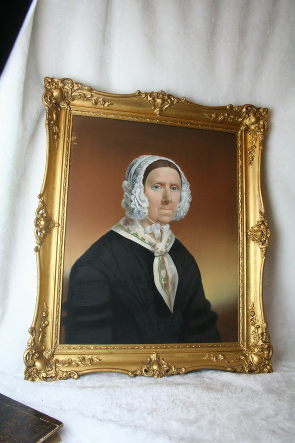 1850 Signed Dutch Master Slothouwer PASTEL painting Folkloric lady Portrait