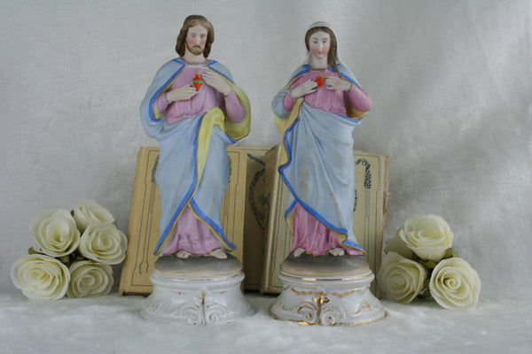 PAIR 1900  VIEUX ANDENNE porcelain biscuit Couple Pastel colours Mary Jesus Holy