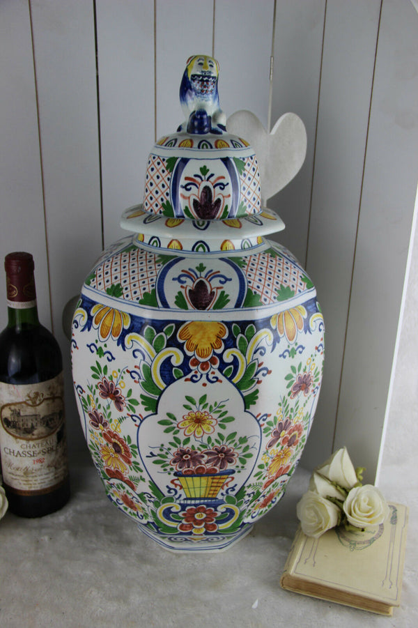 Huge BOCH Delft decor polychrome ceramic Floral paint VASE foo dog lidded mark