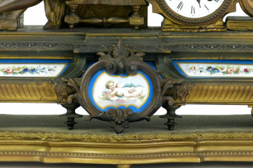 Antique French clock  sevres putti floral porcelain plaques dragon gothic 19thc