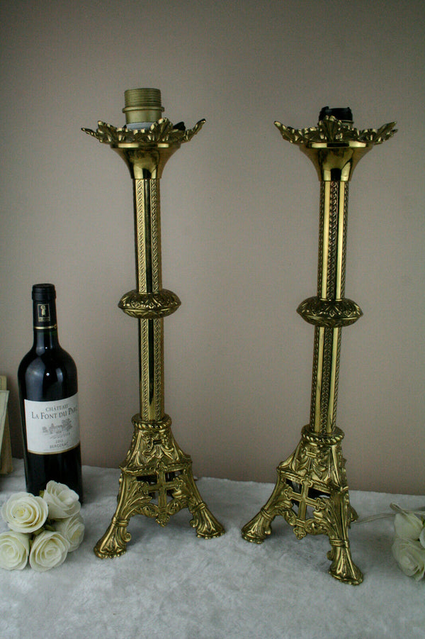 PAIR religious Brass French candle holders mounted as lamps 1935