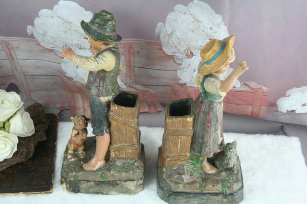 PAIR german terra cotta vases figurines cat & dog boy lady 1950 marked