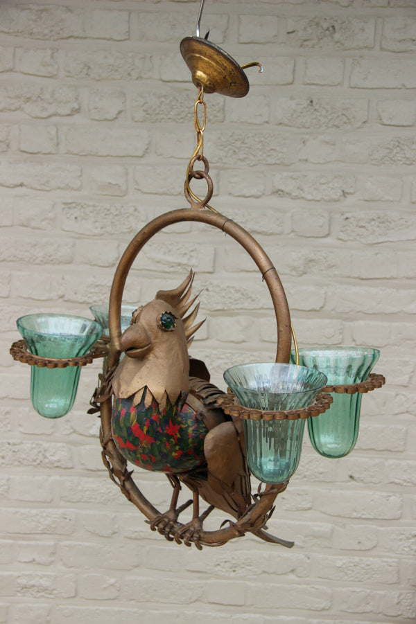 Unusual Rare Copper Parrot Bird glass figurine chandelier lamp French 1950's