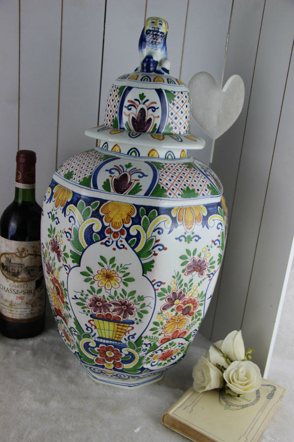 Huge BOCH Delft decor polychrome ceramic Floral paint VASE foo dog lidded mark