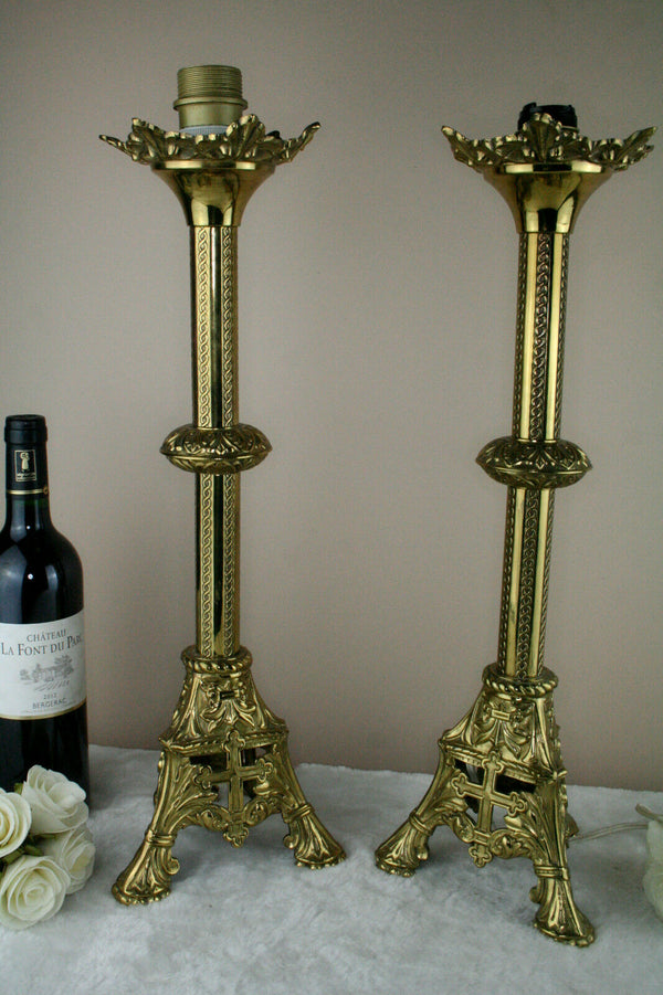 PAIR religious Brass French candle holders mounted as lamps 1935