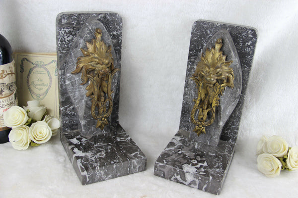 Majestic PAIR MARBLE Bronze lion heads antique French Bookends rare