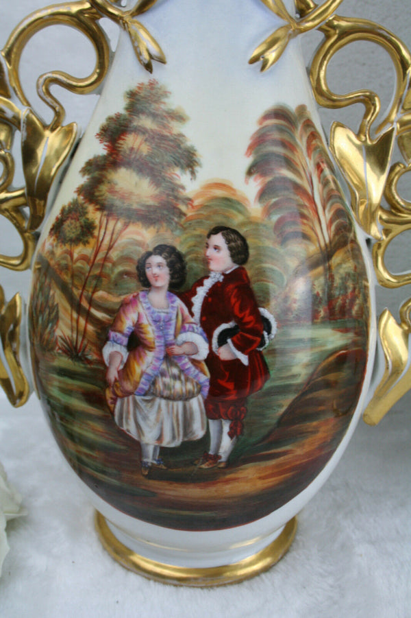 Exclusive Antique 19thc French vieux paris porcelain vases romantic scene rare