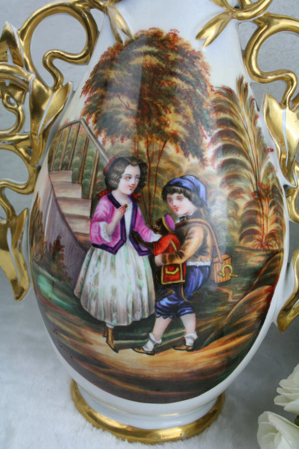 Exclusive Antique 19thc French vieux paris porcelain vases romantic scene rare