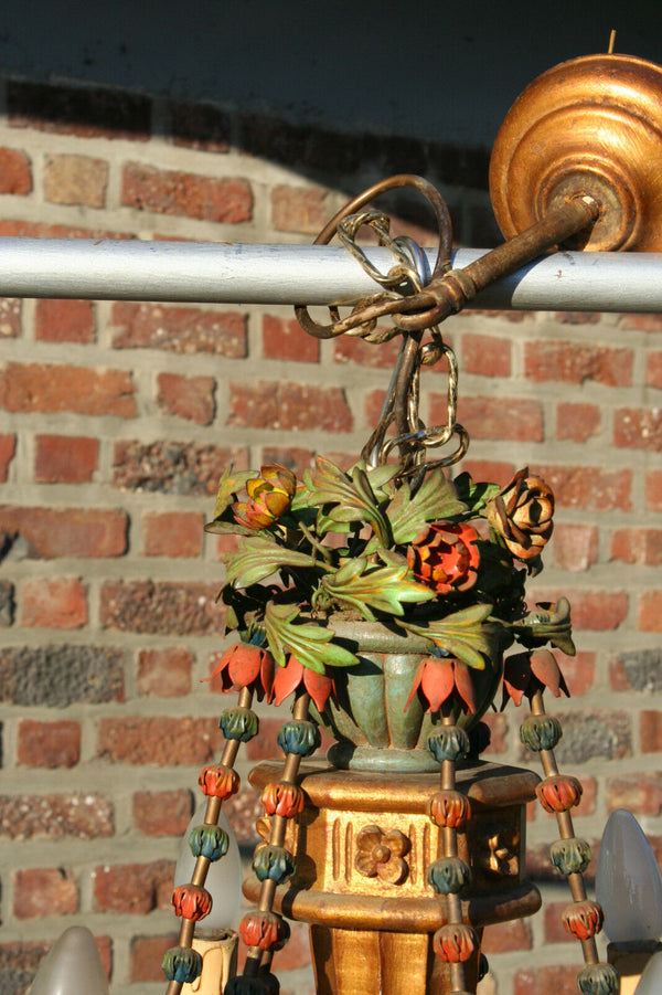 Unusual 1960 stunning Italian Wood / metal polychrome flowers chandelier