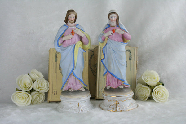 PAIR 1900  VIEUX ANDENNE porcelain biscuit Couple Pastel colours Mary Jesus Holy