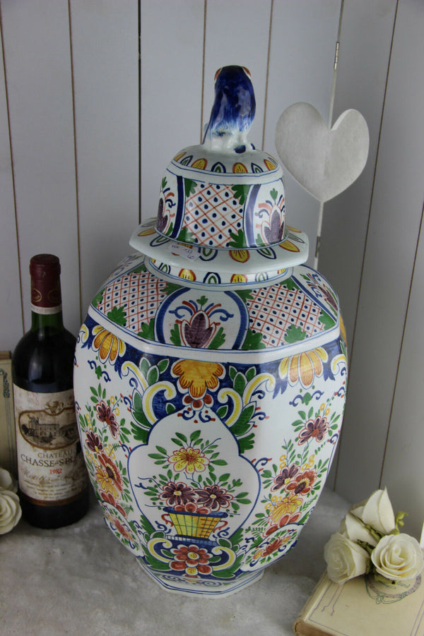 Huge BOCH Delft decor polychrome ceramic Floral paint VASE foo dog lidded mark