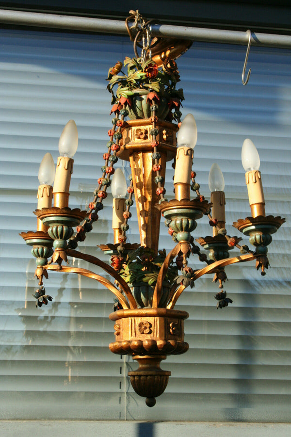Unusual 1960 stunning Italian Wood / metal polychrome flowers chandelier