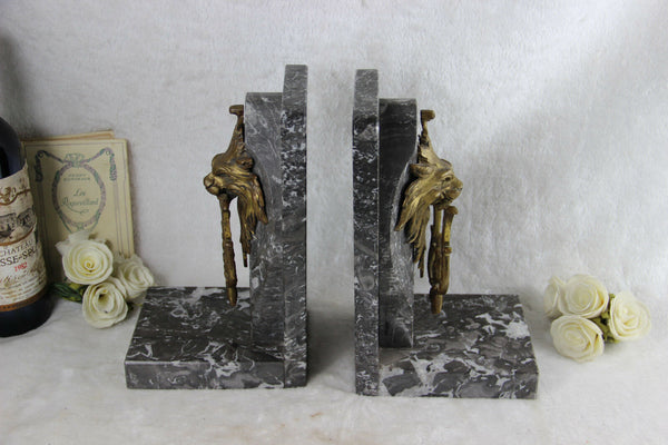 Majestic PAIR MARBLE Bronze lion heads antique French Bookends rare