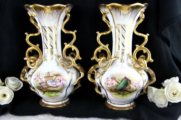 PAIR antique Vieux Paris Porcelain Vases 1900 French romantic