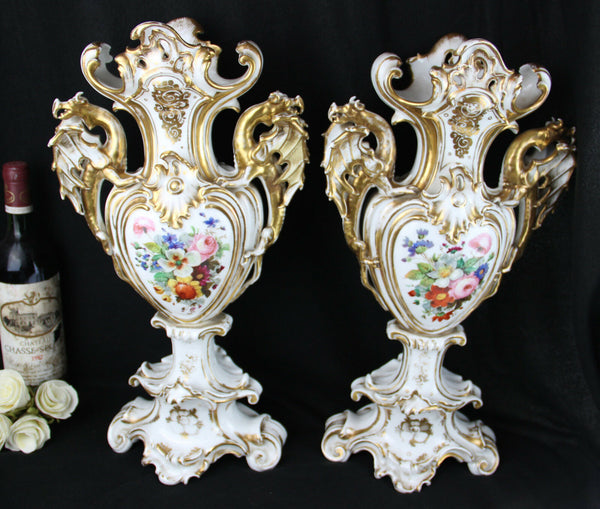 Unusual PAIR XL VIEUX PARIS porcelain Dragon handle Vases XIX attr. jacob petit