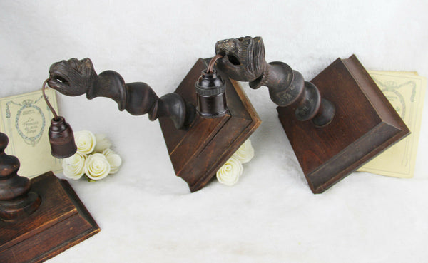 SET RARE gothic Castle  Wood black forest barley twist lion sconces wall lights