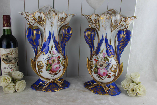 PAIR French antique 1900 Vieux paris top porcelain Vases hand paint floral decor