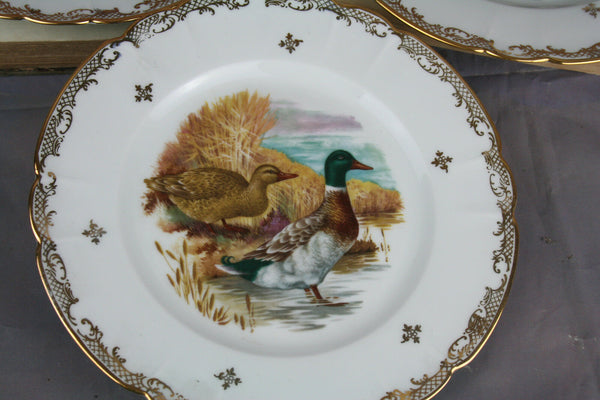 Vintage Set 3 CHADELAUD LIMOGES porcelain marked plates hunting duck no2