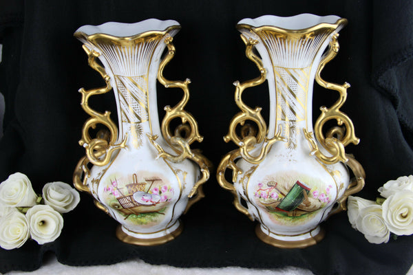 PAIR antique Vieux Paris Porcelain Vases 1900 French romantic