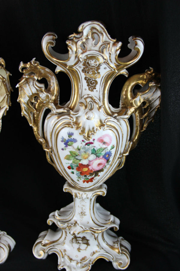 Unusual PAIR XL VIEUX PARIS porcelain Dragon handle Vases XIX attr. jacob petit