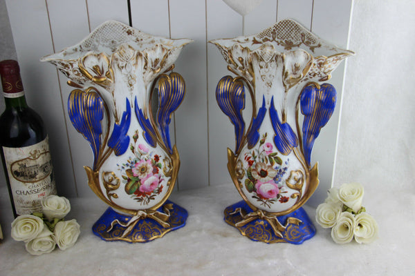 PAIR French antique 1900 Vieux paris top porcelain Vases hand paint floral decor