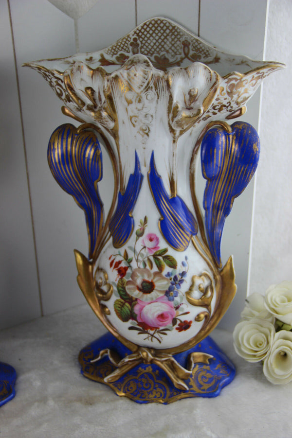 PAIR French antique 1900 Vieux paris top porcelain Vases hand paint floral decor