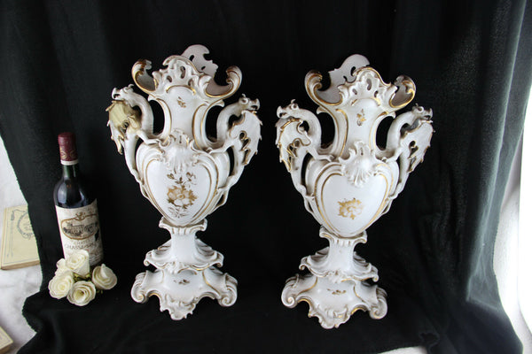 Unusual PAIR XL VIEUX PARIS porcelain Dragon handle Vases XIX attr. jacob petit