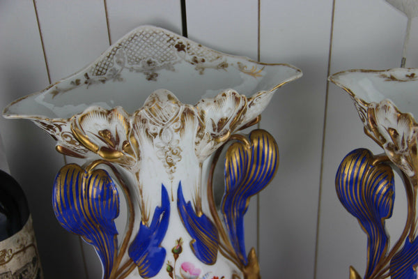 PAIR French antique 1900 Vieux paris top porcelain Vases hand paint floral decor