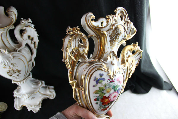 Unusual PAIR XL VIEUX PARIS porcelain Dragon handle Vases XIX attr. jacob petit