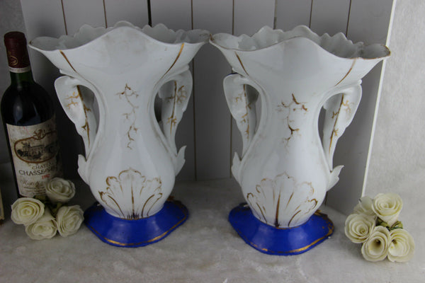 PAIR French antique 1900 Vieux paris top porcelain Vases hand paint floral decor