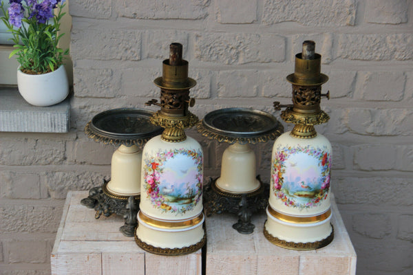 PAIR french antique Oil Lamps porcelain hand paint duck bird marked Rare