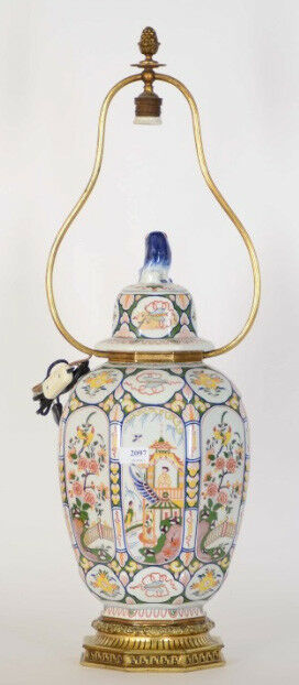 XXL 32,6" Boch Belgium Chinoiserie Pottery Vase mount lamp foo dog Rare marked