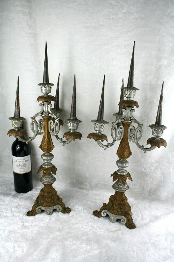 XL PAIR  Religious Church 1900 Spelter Candelabras candle holders neo gothic