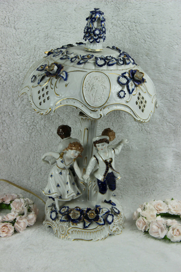 German PLAUE schierholz porcelain Lamp group figurines dancing blue white signed