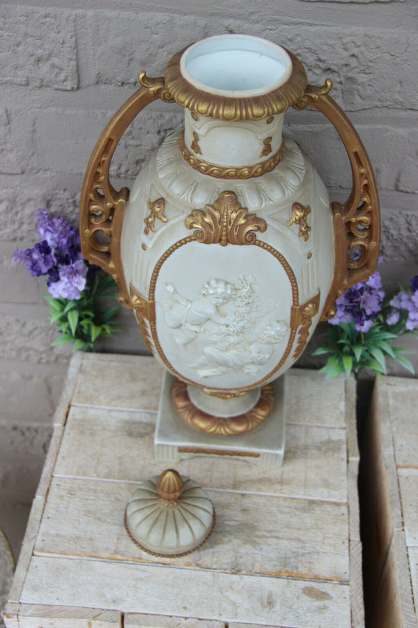 Antique German Bisque porcelain marked putti cherubs romantic Vase 1900s