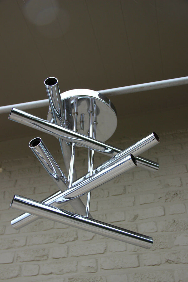 Mid century Sciolari 6 tubes Geometric chandelier pendant 1970's Chrome