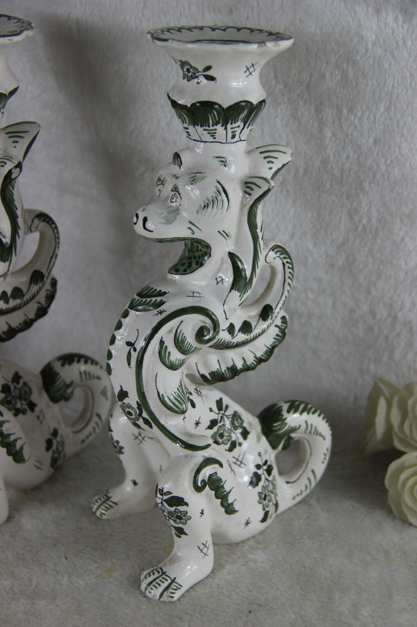 PAIR antique french faience Dragon lions gothic Candleholder / lamp griffin